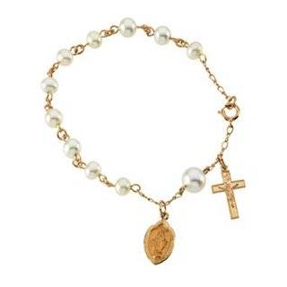   Gift 14K Yellow Gold Miraculous Medal With Pearls Rosary Bracelet