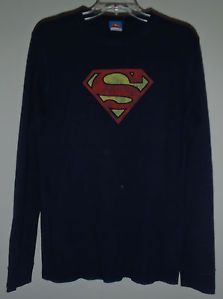 Superman Logo Navy Long Sleeve T Shirt Thermal Mens Size XL x Large Blue