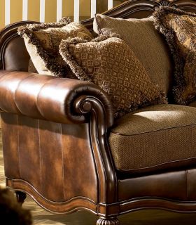 Ashby Wood Trim Chenille Faux Leather Sofa Couch Set Living Room Furniture