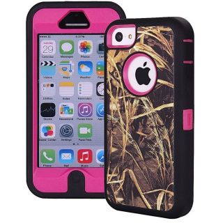 Heavy Duty Straw Grass Real Tree Camo Defender Case Cover for iPhone 5c Hot Pink