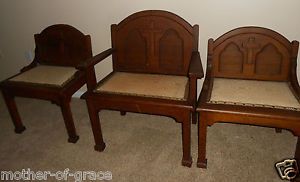 Set of 3 Catholic Church Altar Wood Carved Sanctuary Clergy Chairs Furniture