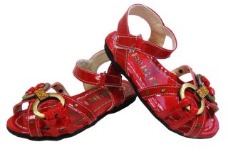 New Toddler Baby Girls Red Velcro Diamante Flats Holiday Open Sandals Size 5 6 7