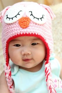Cute Handmade Baby Girl Owl Hat Beanie New Pink Red Brim Newborn Photo Prop Gift