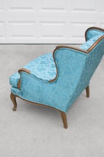 Vtg French Hollywood Regency Turquoise Satin Brocade Tufted Wing Back Arm Chair