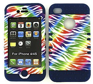 3 IN 1 HYBRID SILICONE COVER FOR APPLE IPHONE 4 4S HARD CASE SOFT DARK BLUE RUBBER SKIN ZEBRA DB TE164 KOOL KASE ROCKER CELL PHONE ACCESSORY EXCLUSIVE BY MANDMWIRELESS: Cell Phones & Accessories