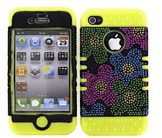 3 IN 1 HYBRID SILICONE COVER FOR APPLE IPHONE 4 4S HARD CASE SOFT YELLOW RUBBER SKIN FLOWERS YE FD184 KOOL KASE ROCKER CELL PHONE ACCESSORY EXCLUSIVE BY MANDMWIRELESS: Cell Phones & Accessories