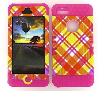 3 IN 1 HYBRID SILICONE COVER FOR APPLE IPHONE 5 HARD CASE SOFT HOT PINK RUBBER SKIN PLAID MA TE337 KOOL KASE ROCKER CELL PHONE ACCESSORY EXCLUSIVE BY MANDMWIRELESS: Cell Phones & Accessories