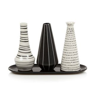 Betty Jackson.Black Set of three black ceramic patterned vases and tray