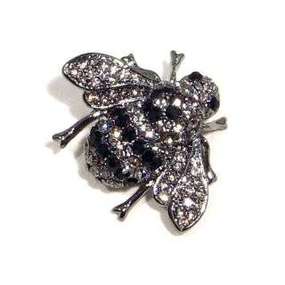   Black Austrian Rhinestone Bumble Bee Antique Silver Plated Brooch Pin