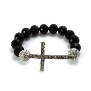 Silver 12mm Glass Beaded Bracelet with Iced Out cross and Disco Balls 